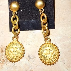 Vintage Antique gold Sun face figural tribal chain earrings